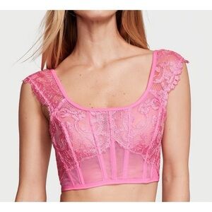 Victoria's Secret Dream Angels Boho Floral Embroidery Cap-Sleeve Corset Top Pink